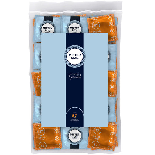 Preservativi Mister Size, taglia L da 57 mm, confezione da 100 unità, in lattice per maggiore sicurezza e comfort.