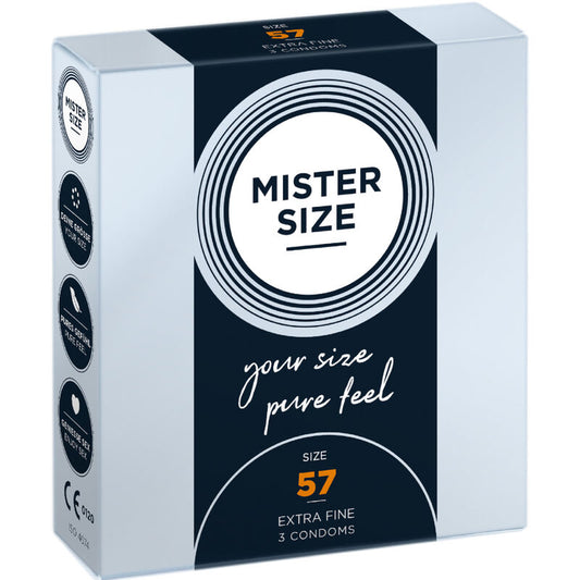 Preservativi Mister Size taglia L da 57 mm, confezione da 3 unità, confezione con tre preservativi di grandi dimensioni.