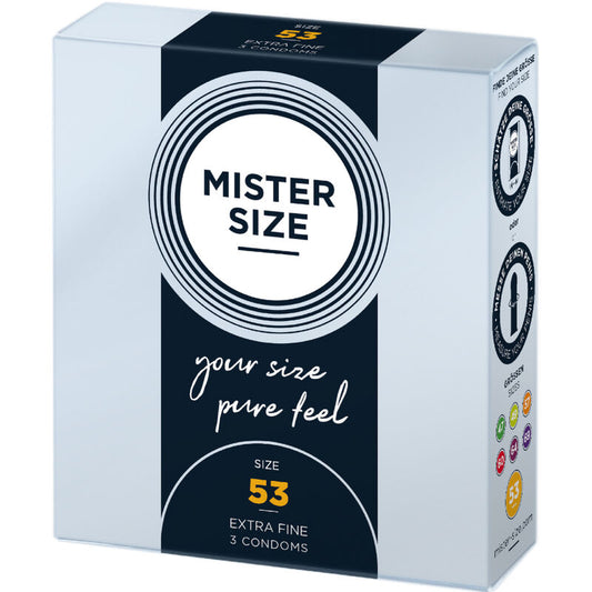 Preservativi Mister Size taglia M da 53 mm, confezione da 3 unità, confezione con tre preservativi naturali e sicuri.