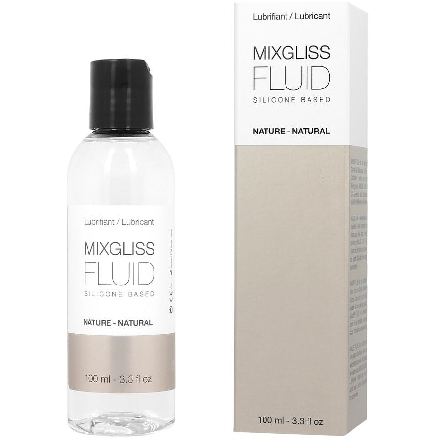 Lubrificante MIXGLISS a base di silicone naturale, bottiglia da 100ml, contenuto visibile in un flacone trasparente con etichetta.
