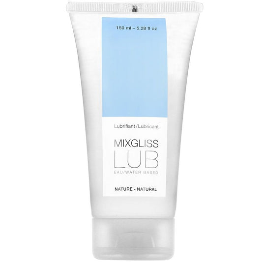 Lubrificante naturale a base d'acqua MIXGLISS da 150 ml, flacone con etichetta blu e dettagli chiari, visibile sul packaging.