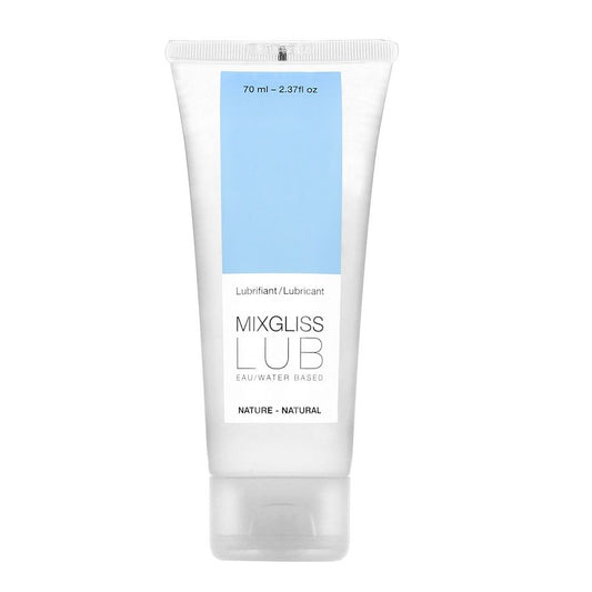 Lubrificante naturale a base acqua MIXGLISS da 70 ml, bottiglia con etichetta bianca e tappo blu, visibile in immagine.
