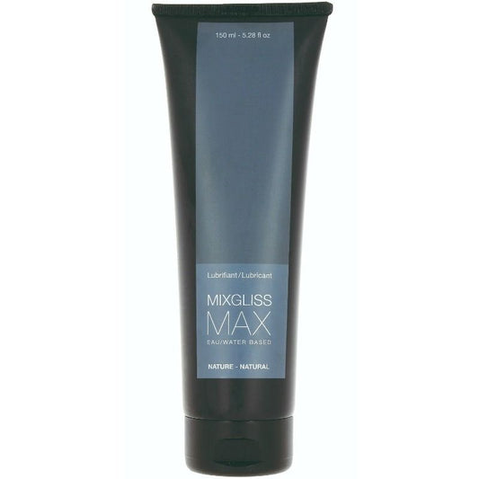 Lubrificante a base d'acqua MIXGLISS MAX, 150 ml, confezione con bottiglia trasparente e etichetta blu, ideale per uso personale