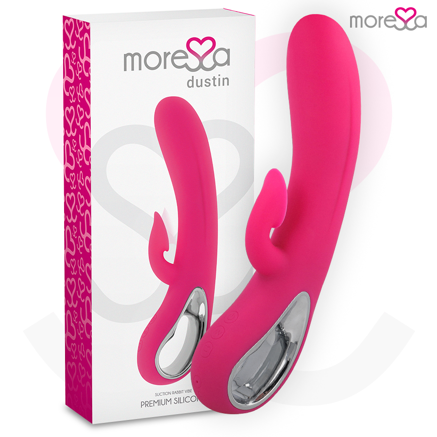 Aspiratore clitoride MORESSA Dustin in silicone premium, con vibrazione potente e design ricaricabile, visibile in immagine.