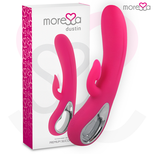 Aspiratore clitoride MORESSA Dustin in silicone premium, con vibrazione potente e design ricaricabile, visibile in immagine.