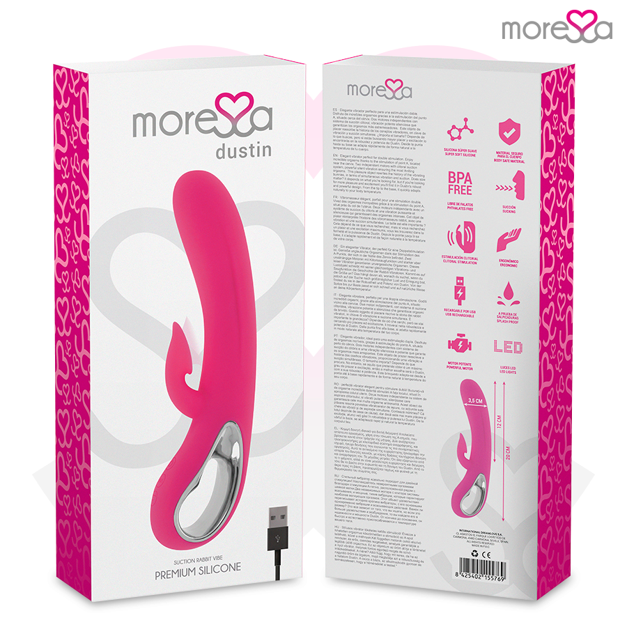 Aspiratore clitoride MORESSA Dustin in silicone premium con vibrazione potente e ricaricabile, design elegante e compatto.