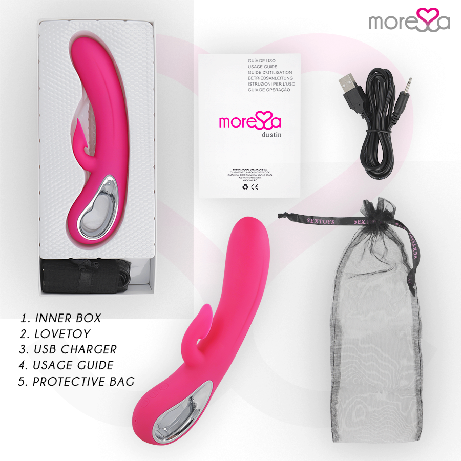 Aspiratore clitoride MORESSA Dustin in silicone premium, dispositivo ricaricabile con vibrazione potente e design ergonomico.