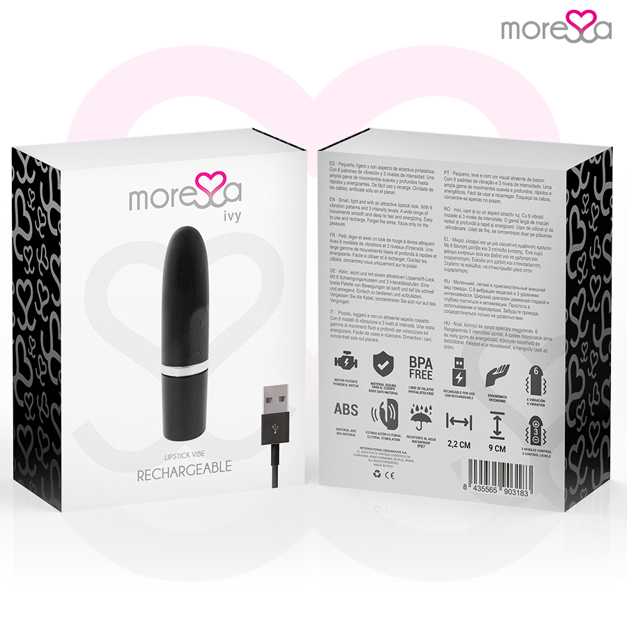 Vibratore stimolatore da viaggio nero MORESSA IVY, compatto e discreto, con design ergonomico per piacere personale.