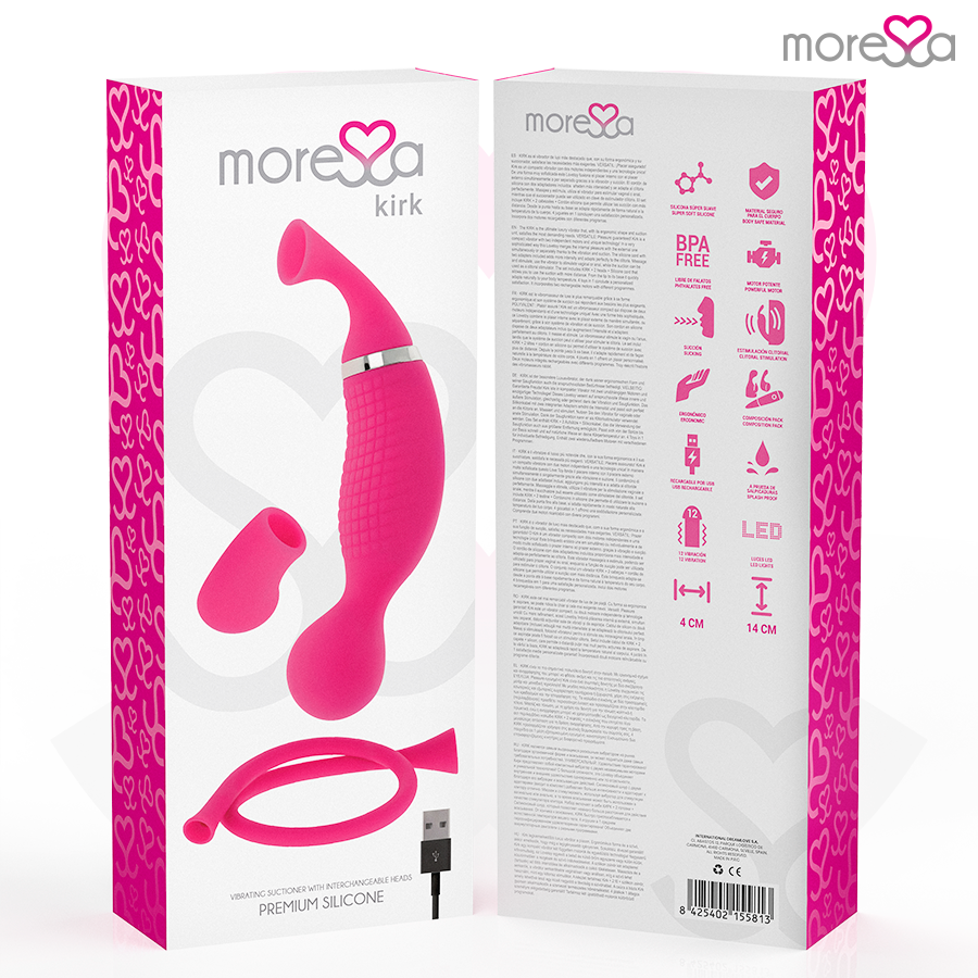 Aspiratore e massaggiatore MoreSSA Kirk Duo in silicone premium, dispositivo ricaricabile con design ergonomico e funzioni multiple.