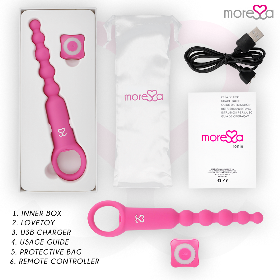 Controllo remoto MORESSA Ronie Piacere Anale Rosa, dispositivo di piacere rosa con telecomando, visibile nell'immagine.