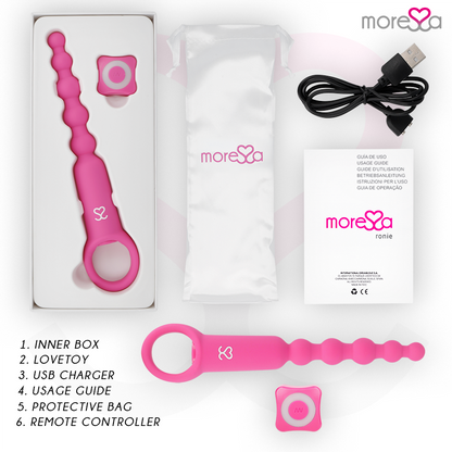Controllo remoto MORESSA Ronie Piacere Anale Rosa, dispositivo di piacere rosa con telecomando, visibile nell'immagine.
