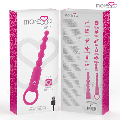 Controllo remoto MORESSA Ronie per piacere anale rosa, dispositivo in silicone con pulsanti e display digitale.