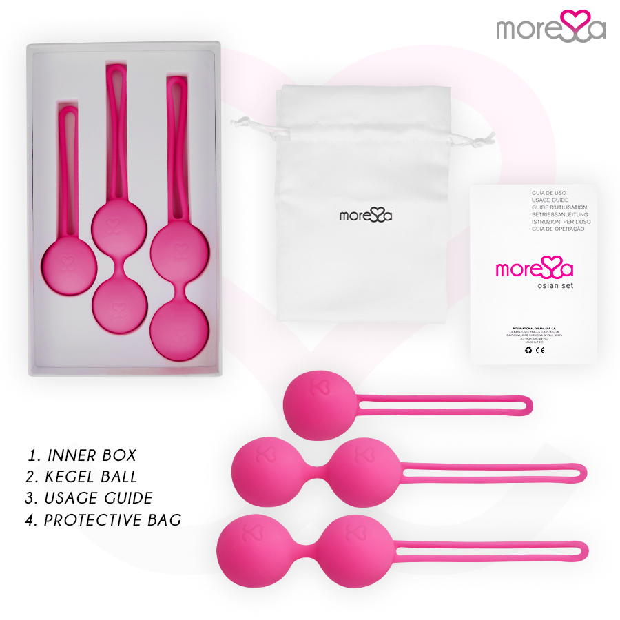 Set di silicone rosa MORESSA Osian Premium con tre pezzi: Osian One, Osian Two e Osian Three, vari formati e peso.
