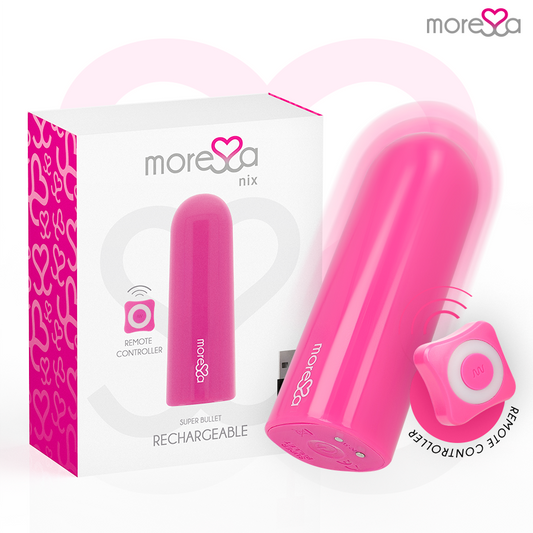Telecomando vibratore NIX rosa della marca MORESSA, con pulsanti e design compatto per controllo a distanza.