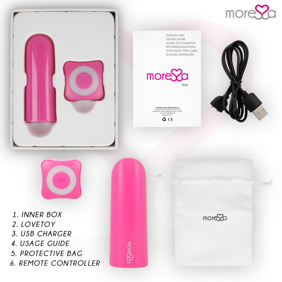 Telecomando vibratore Nix rosa di MORESSA, dispositivo compatto e colorato, visibile in questa immagine.