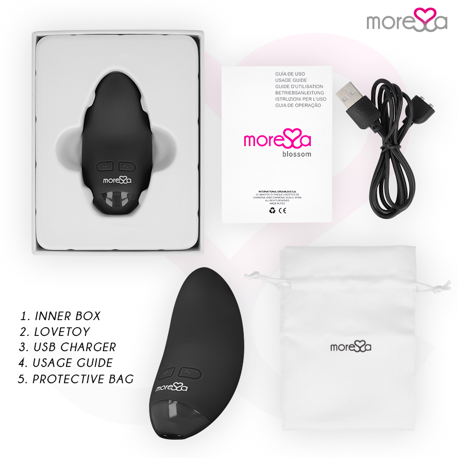 Vibratore Blossom nero di MORESSA, design elegante e compatto, con superficie liscia e dettagli moderni visibili nell'immagine.