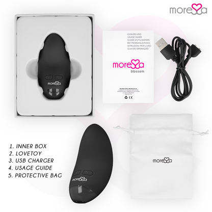 Vibratore Blossom nero di MORESSA, design elegante e compatto, con superficie liscia e dettagli moderni visibili nell'immagine.