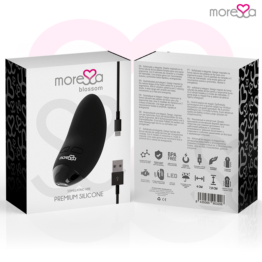 Vibratore Blossom nero di MORESSA, con design elegante e compatto, ideale per stimolazione personale.