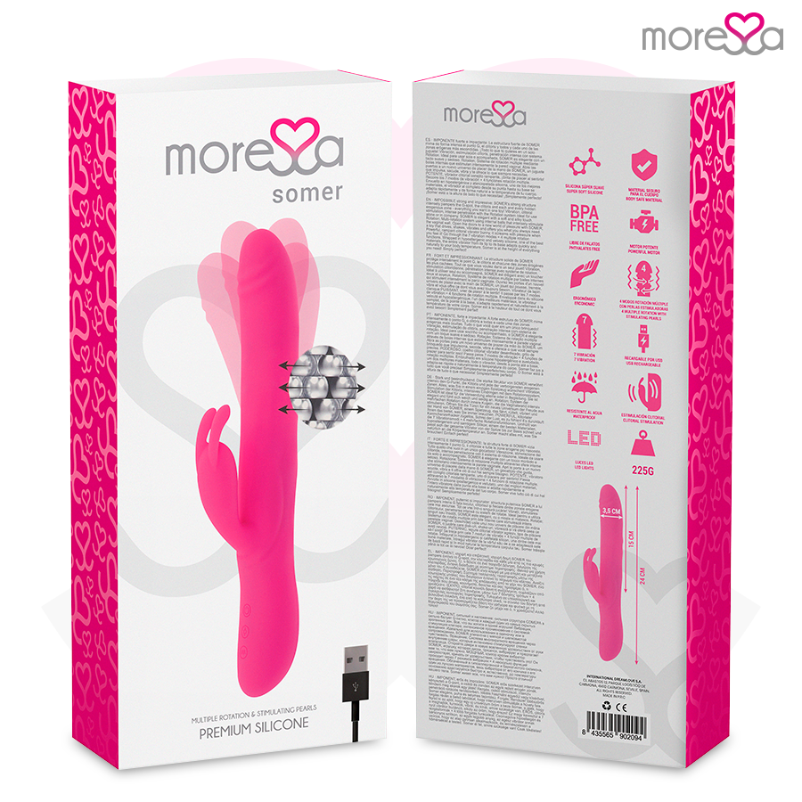 Vibratore Somer Premium di Moressa con rotazione multipla, dettagli in silicone rosa e design ergonomico.