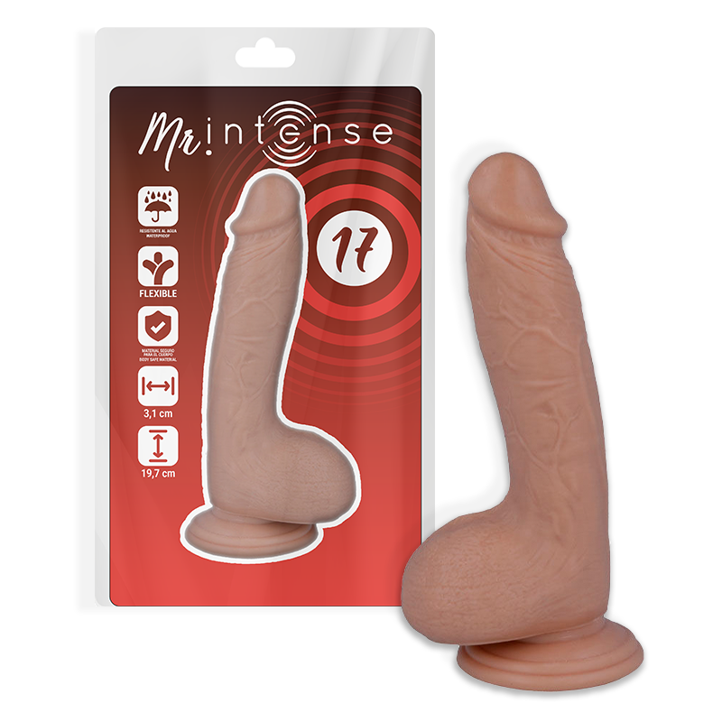Penis realistico MR. INTENSE, modello 17, lunghezza 19,7 cm, diametro 4,1 cm, con dettagli realistici e texture accurata.