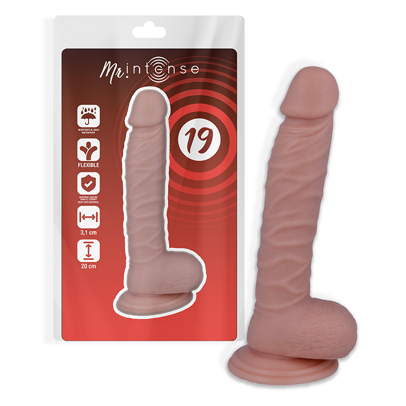 Penis realistico MR. INTENSE da 20 cm con diametro di 3,1 cm, dettaglio realistico e morbido, prodotto per uso personale.