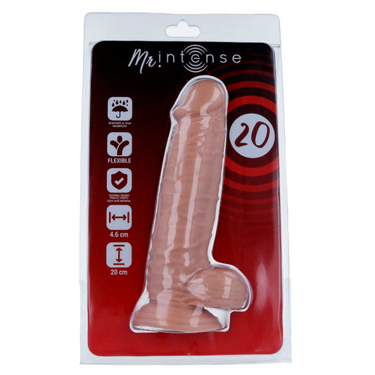 Penis realistico MR. INTENSE di 20 cm e Ø 4.6 cm, dettagliato e morbido, visibile in immagine.