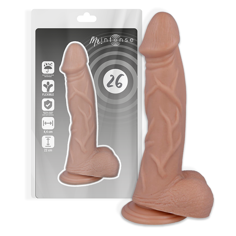 Penis realistico MR. INTENSE, lunghezza 22 cm e diametro 4,4 cm, con superficie dettagliata e texture realistica.
