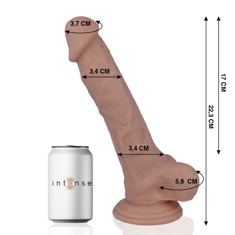 Penis realistico MR. INTENSE, 22.3 cm di lunghezza e 3.4 cm di diametro, con dettagli realistici e texture morbida.
