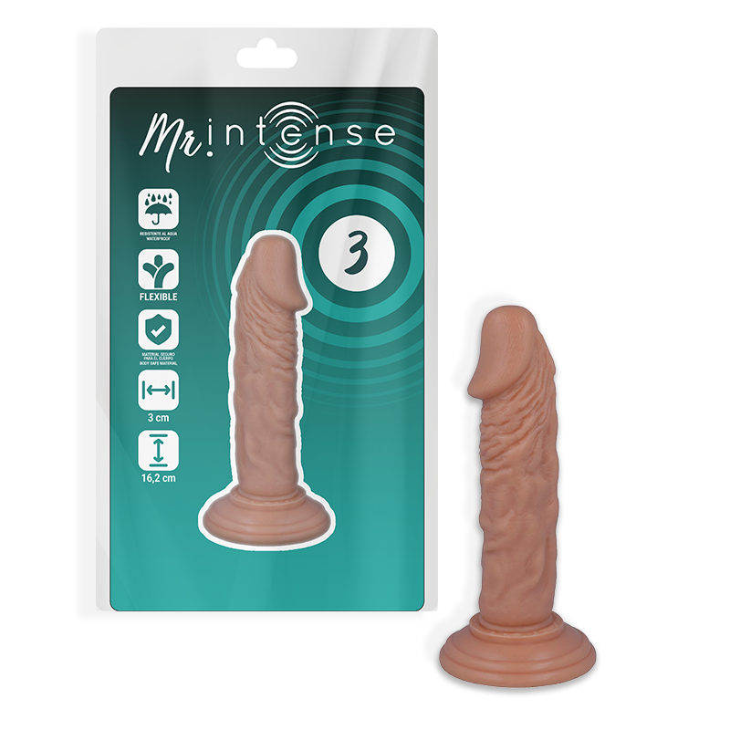 Penis realistico MR. INTENSE, lunghezza 16.2 cm e diametro 3 cm, dettagli realistici, immagine di alta qualità.