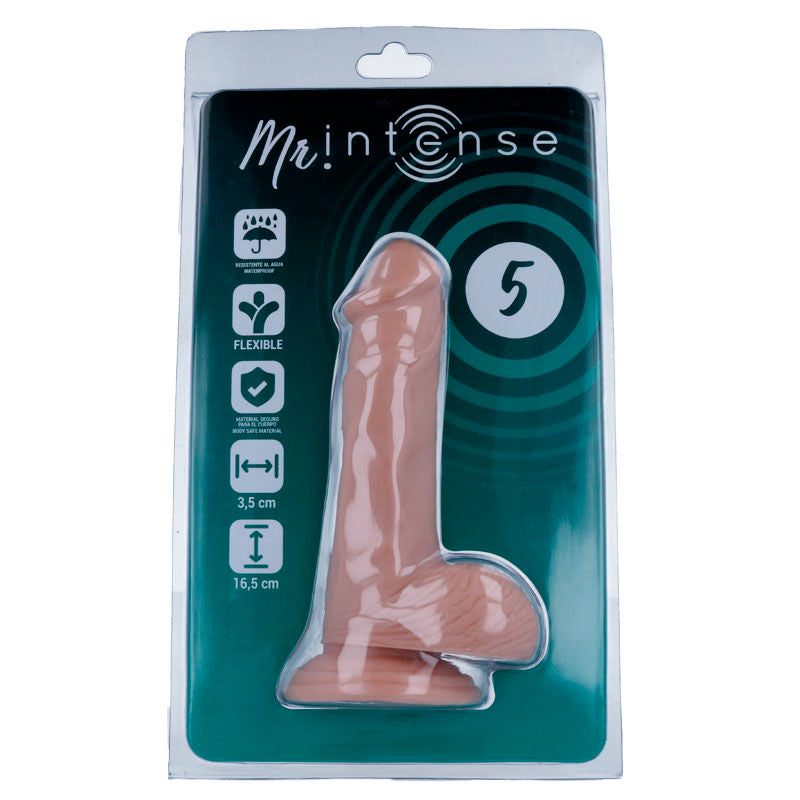 Penis realistico MR. INTENSE, lunghezza 16,5 cm e diametro 3,5 cm, dettaglio realistico e texture visibile nell'immagine
