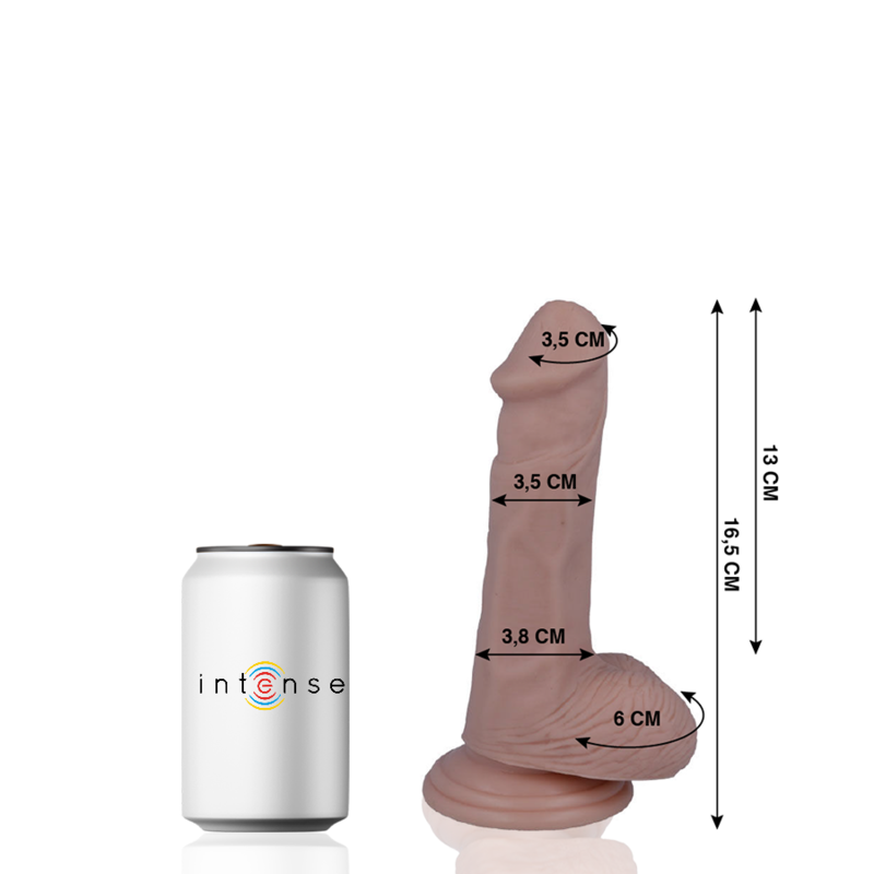 Penis realistico MR. INTENSE, lunghezza 16,5 cm e diametro 3,5 cm, con dettagli realistici e superficie morbida.