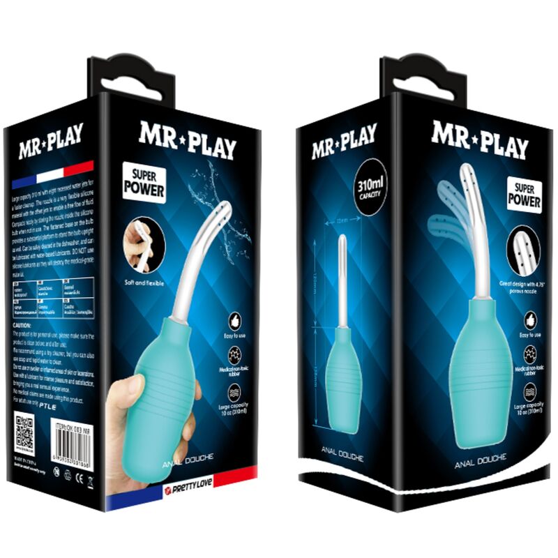 Doccia anale in gomma blu MR PLAY, forma pera, con dettagli realistici, ideale per giochi intimi e stimolazione.
