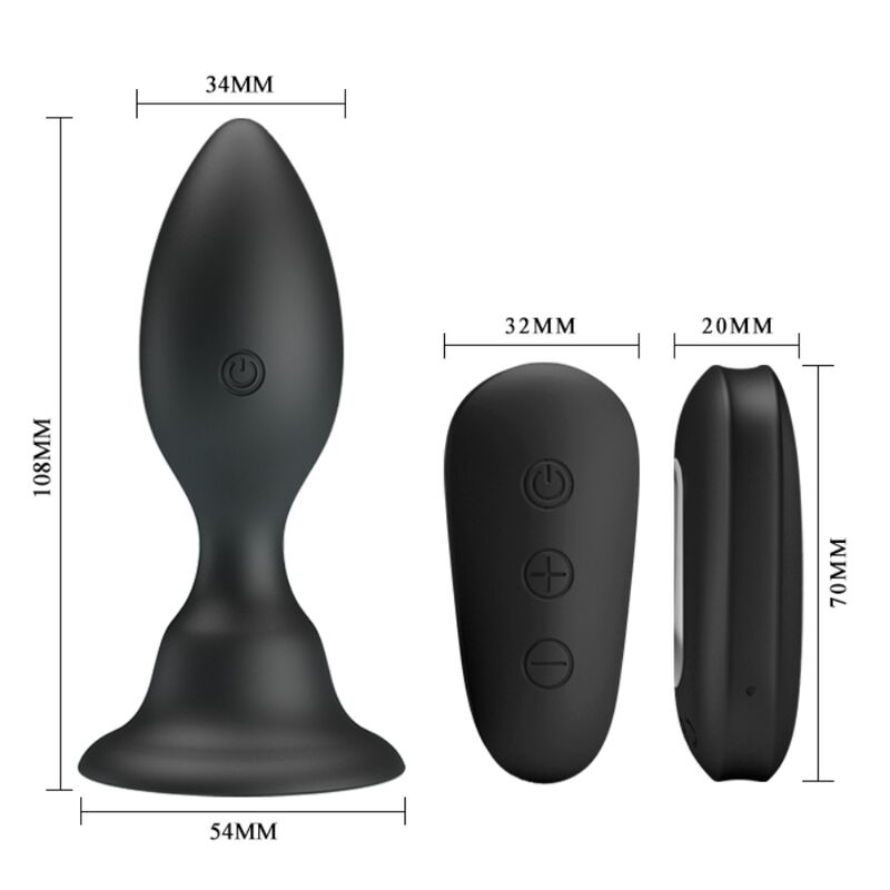 Plug anale MR PLAY nero con telecomando, dispositivo vibrante e regolabile per piacere e stimolazione.