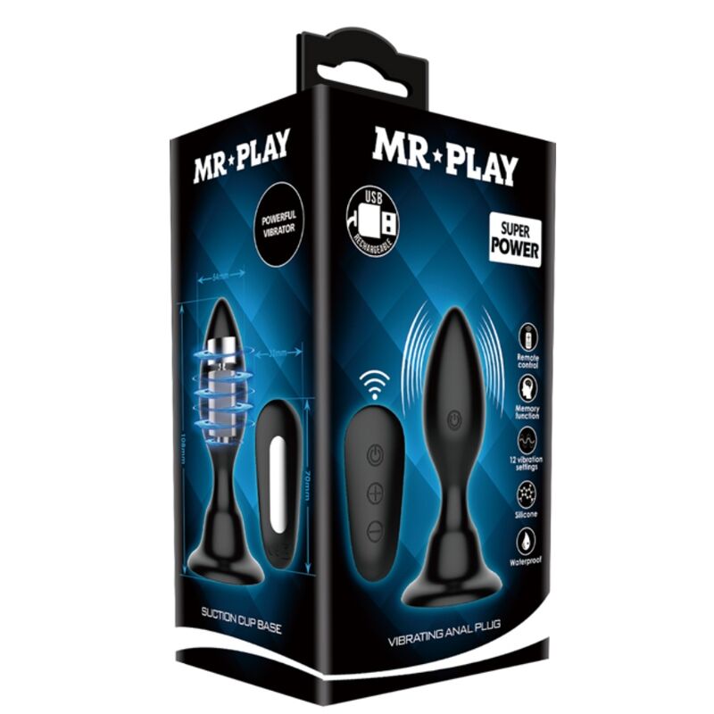 Plug anale MR PLAY nero con telecomando, dispositivo vibrante e controllabile a distanza, design ergonomico e rivestimento liscio.