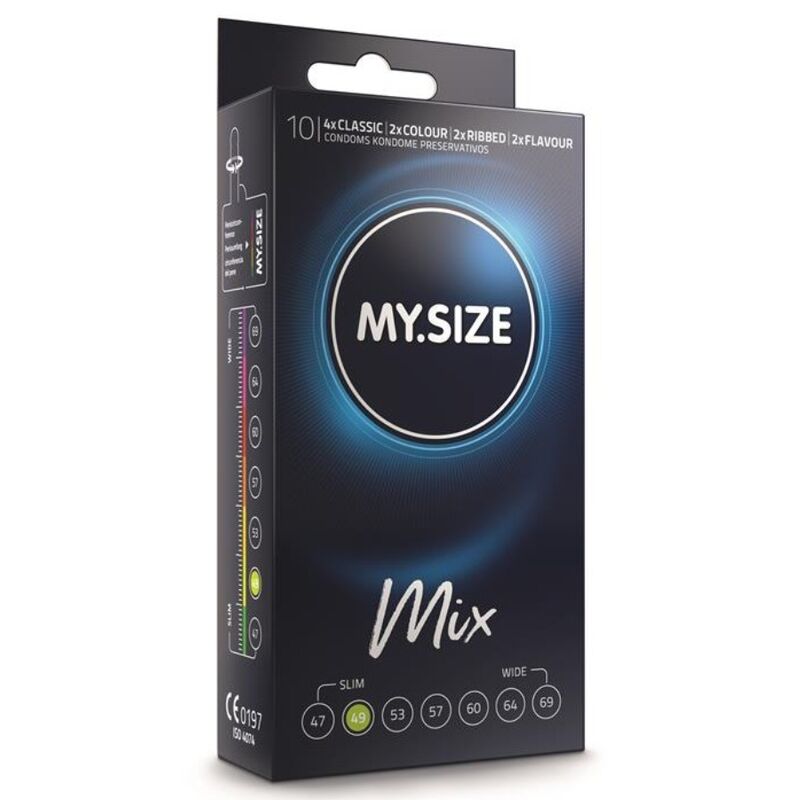 Preservativi MY SIZE MIX da 49 mm, confezione da 10 unità, con design variabile e comfort ottimale.