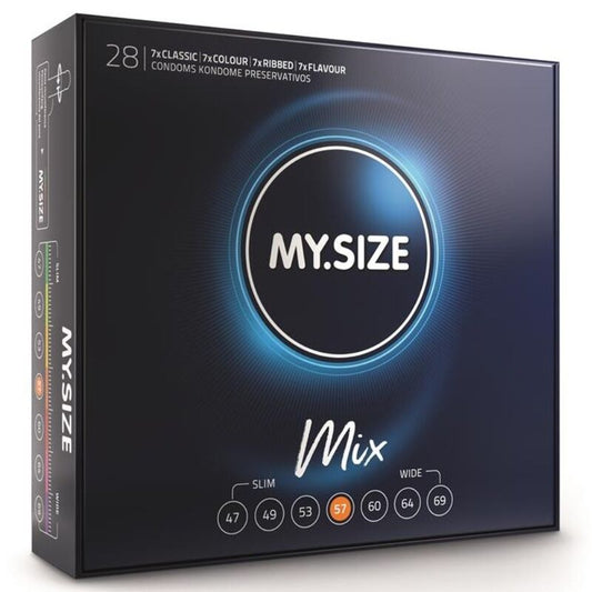 Preservativi MY SIZE MIX da 57 mm, confezione da 28 unità, per una vestibilità personalizzata e sicura.