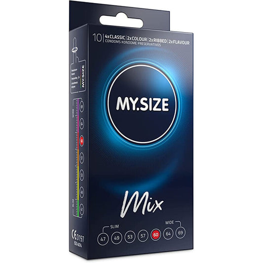 Preservativi MY SIZE MIX, 60 mm, 10 pezzi, confezione con preservativi di diverse taglie, marchio MY SIZE MIX