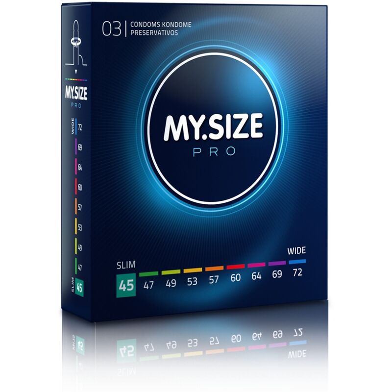Preservativi MY SIZE PRO da 45 mm, confezione da 3 unità, con confezione sigillata e dettagli del prodotto visibili