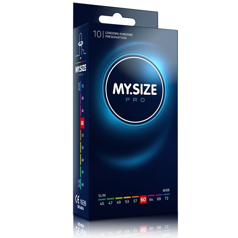 Preservativi MY SIZE PRO da 60 mm, confezione da 10 unità, con confezione e dettagli visibili sulla scatola.