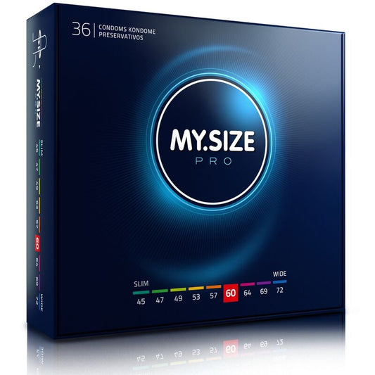Preservativi MY SIZE PRO da 60 mm, confezione da 36 unità, con dettagli visibili sulla confezione e marchio.