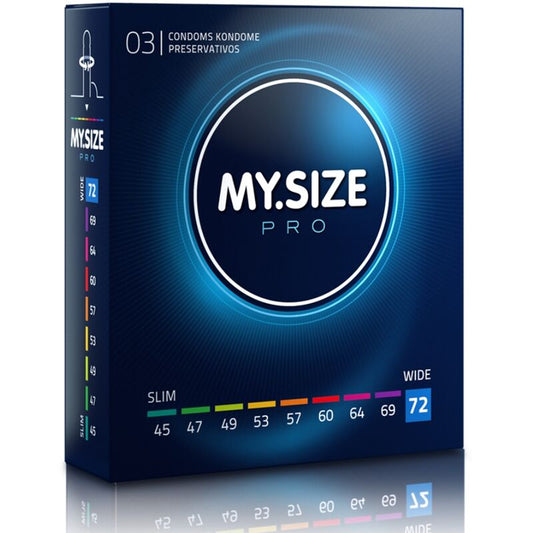 Preservativi MY SIZE PRO da 72 mm, confezione da 3 unità, con confezione e dettagli del prodotto visibili.