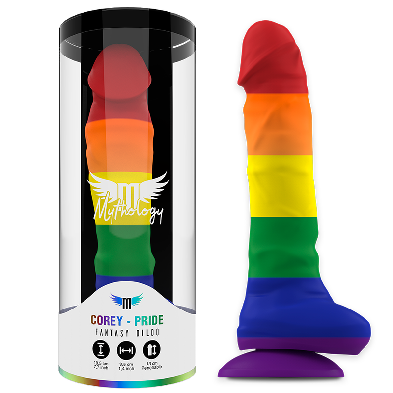 Dildo Corey Pride della linea Mythology Fantasy, design realistico, lunghezza media, dettagli realistici, colore naturale.