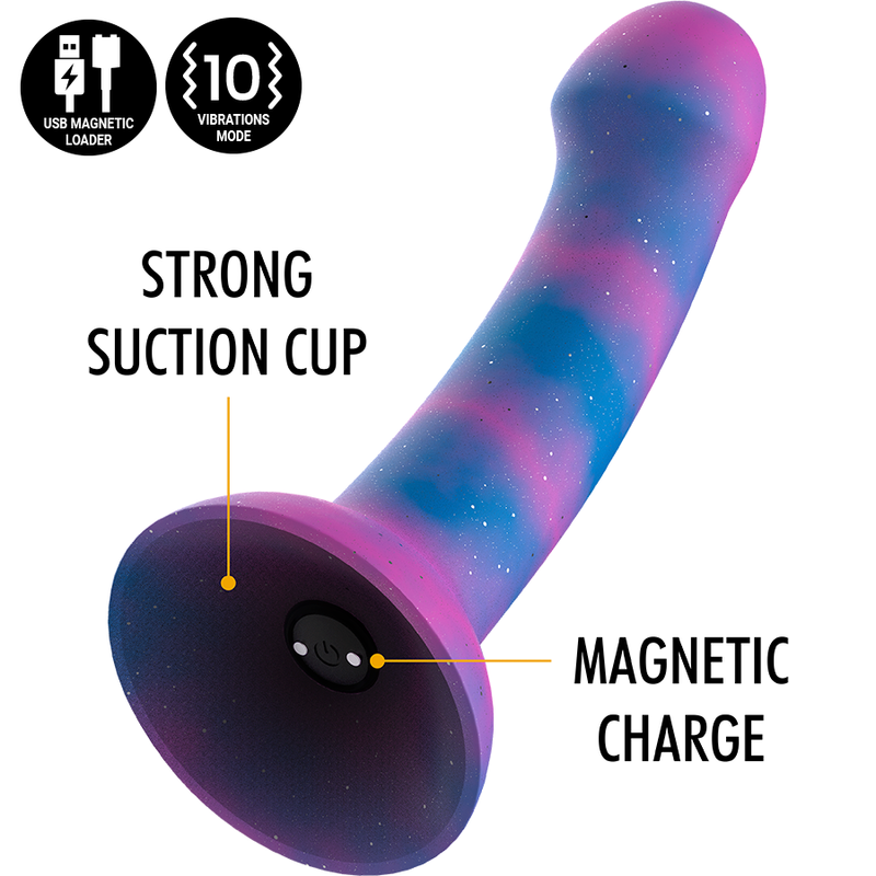Dildo MYTHOLOGY Dion Galactic M con tecnologia wireless, design futuristico e dettagli vibranti, compatibile con dispositivi WatchMe.