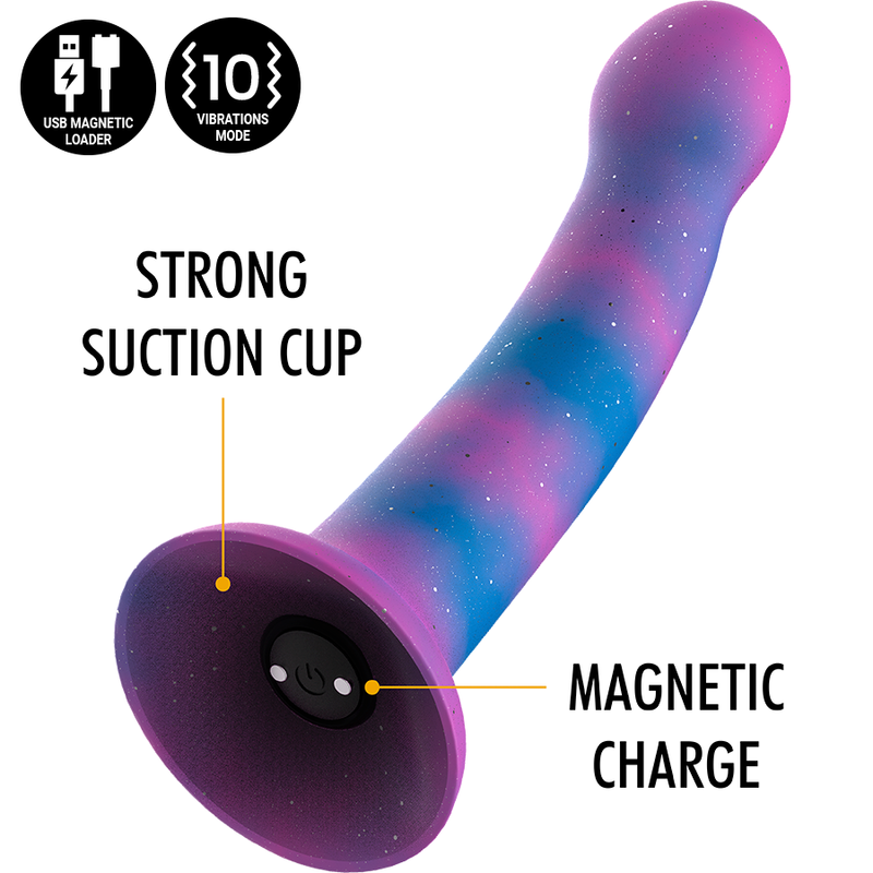 Dildo Mythology Dion Galactic S, vibratore wireless WatchMe, design futuristico, superficie liscia e dettagli galattici.
