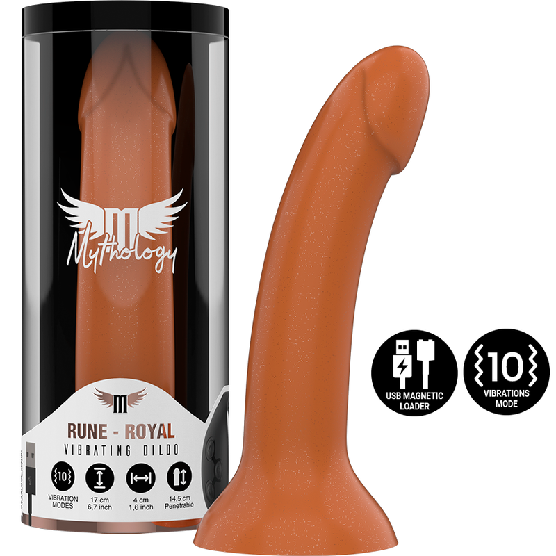 Dildo MYTHOLOGY Rune Royal M con tecnologia wireless, vibratore compatibile, design elegante e dettagli artistici.