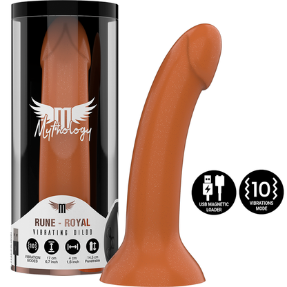 Dildo MYTHOLOGY Rune Royal M con tecnologia wireless, vibratore compatibile, design elegante e dettagli artistici.