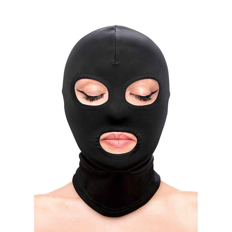 Maschera fetish e moda NS Novelties, cappuccio in nylon nero con occhi e bocca, ideale per costumi e giochi di ruolo.