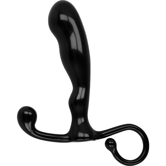 Plug anale con anello OHMAMA, lunghezza 11,5 cm, in silicone nero, con design ergonomico e foro per la presa sicura.