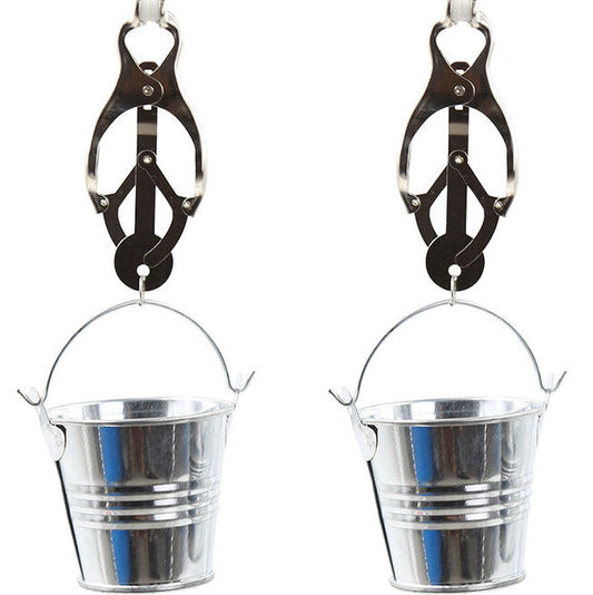 Morsetti per capezzoli OHMAMA FETISH con secchi, accessori per bondage e giochi BDSM, in pelle e metallo.
