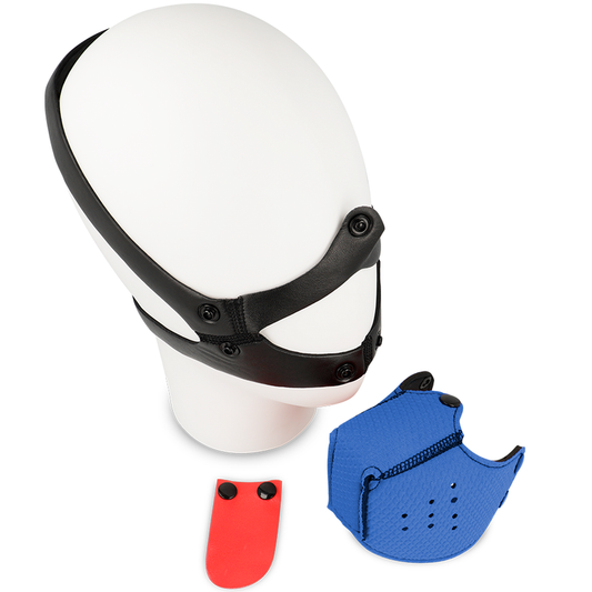 Muso di cane Ohmama Fetish blu, accessorio per giochi di ruolo, realizzato in morbido materiale, dettaglio visibile in immagine